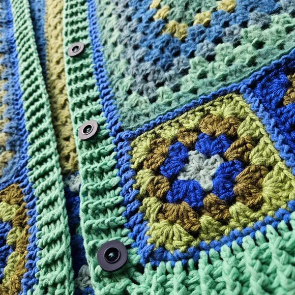 Handmade Oversize Crochet Cardigan Green Blue Warm Sweater, BOHO Granny Squares - Picture 9 of 15